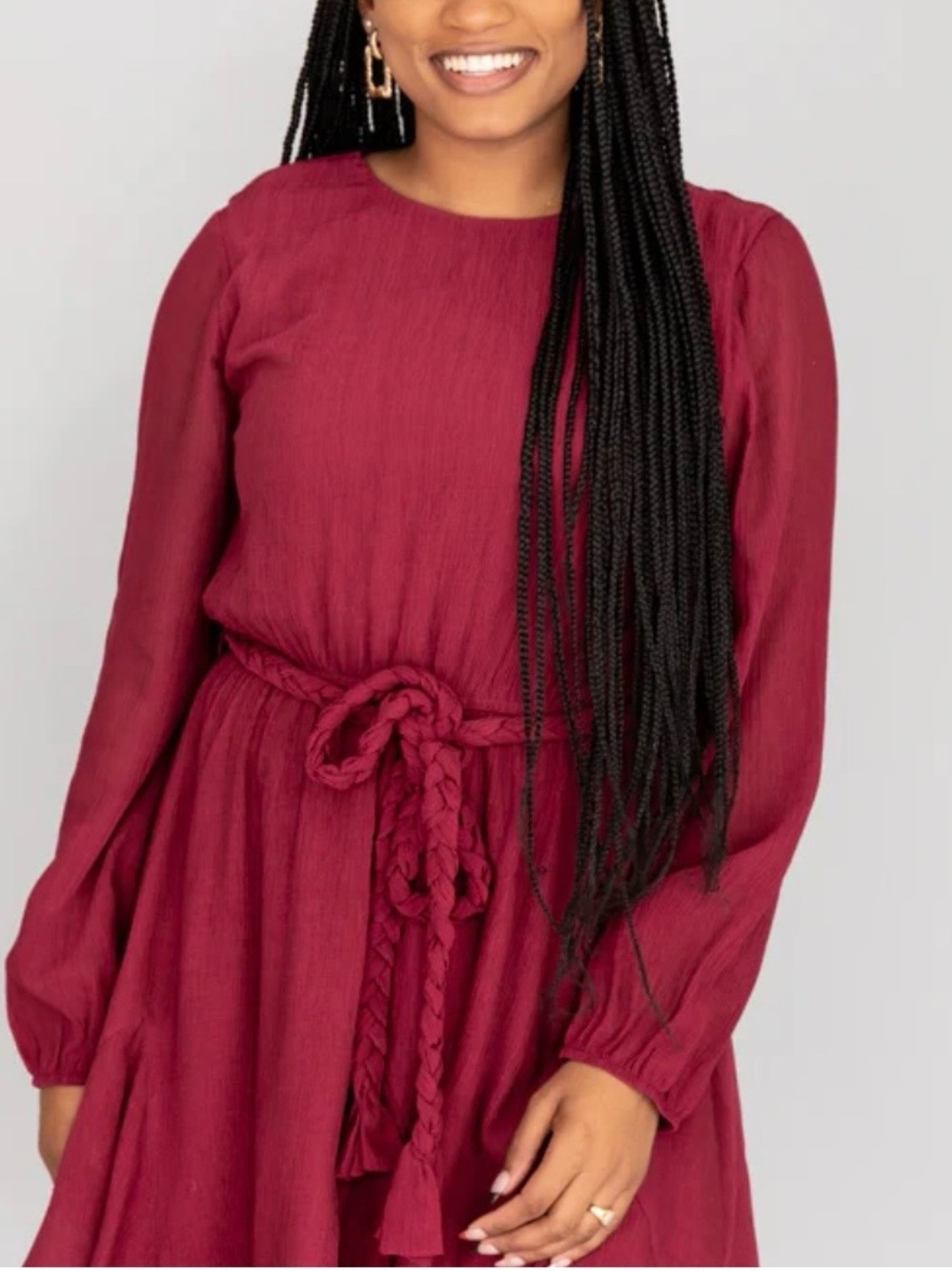 Pink Lily Burgundy Long-Sleeve Braided-Waist Midi Dress